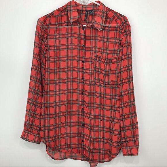MNG Collection Red Plaid Semi Sheer Lightweight Button Up Long Sleeve Shirt - Picture 1 of 10